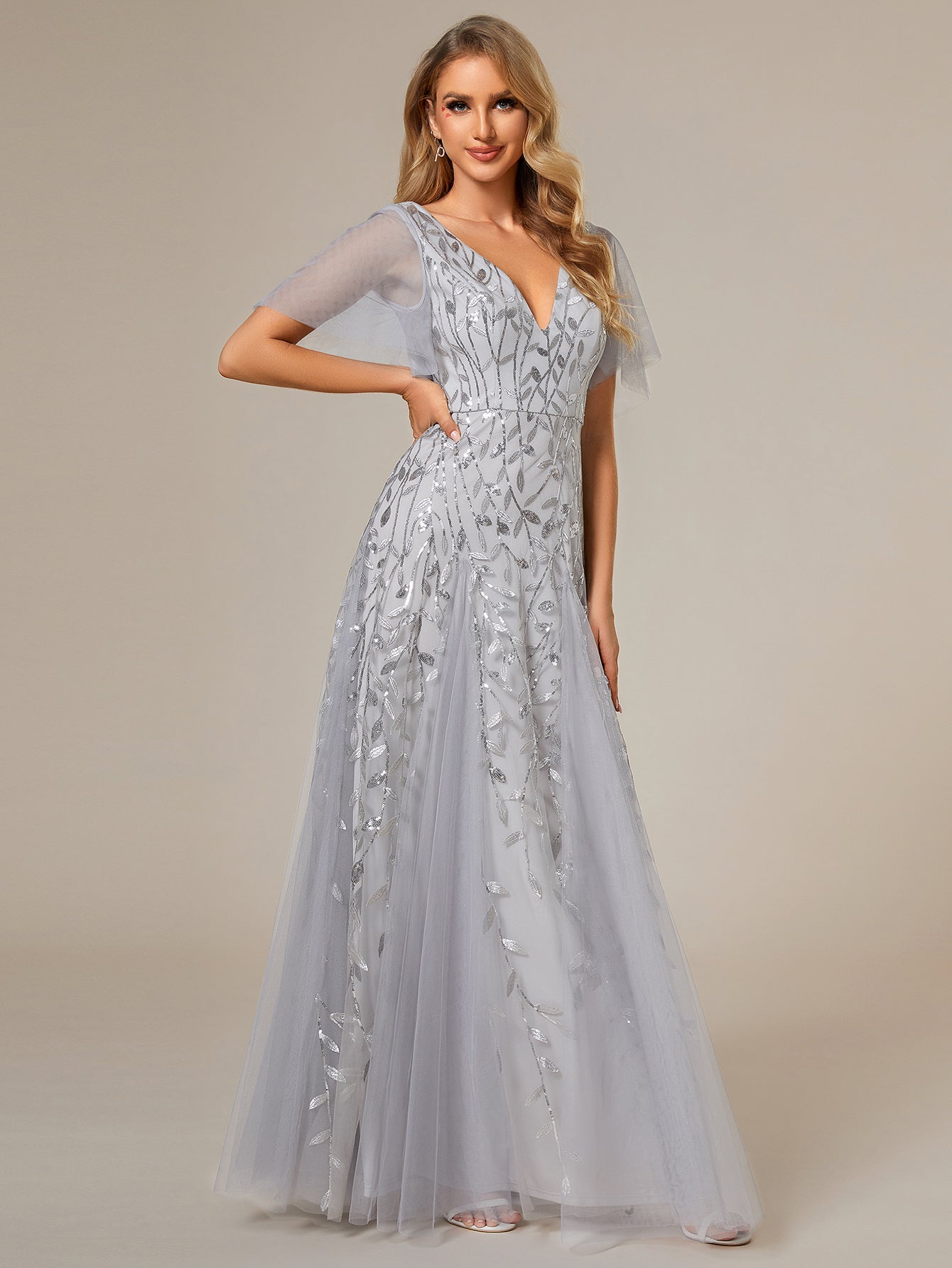 Shimmery V Neck Ruffle Sleeves Sequin Maxi Long Evening Dress Wholesale EE00736