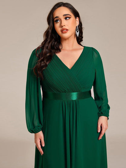 Long Sleeve A Line Chiffon Pleated Asymmetrical Hem Formal Dress #color_Dark Green