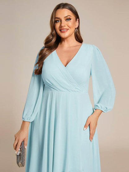 See-Through Long Sleeves V-Neck A-Line Chiffon Wedding Guest Dress #color_Sky Blue