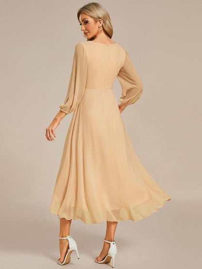 See-Through Long Sleeves V-Neck A-Line Chiffon Wedding Guest Dress #color_Champagne