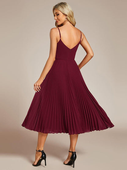 Midi Tiered Pleated V-Neck Wedding Guest Dress Featuring Spaghetti Straps #color_Burgundy