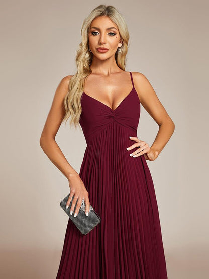 Midi Tiered Pleated V-Neck Wedding Guest Dress Featuring Spaghetti Straps #color_Burgundy