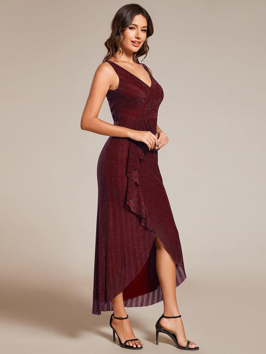 High-Low Ruffle Mermaid Wedding Guest Dress with V-Neck #color_Burgundy