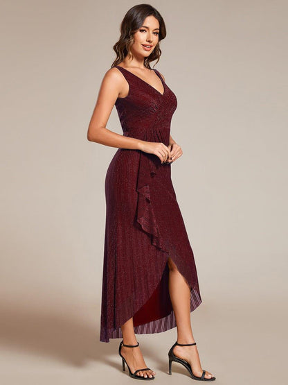 High-Low Ruffle Mermaid Wedding Guest Dress with V-Neck #color_Burgundy