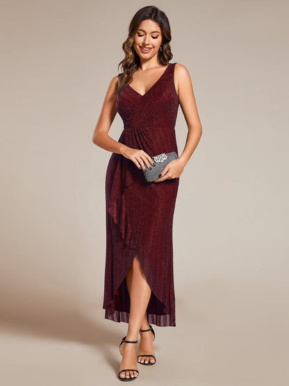 High-Low Ruffle Mermaid Wedding Guest Dress with V-Neck #color_Burgundy