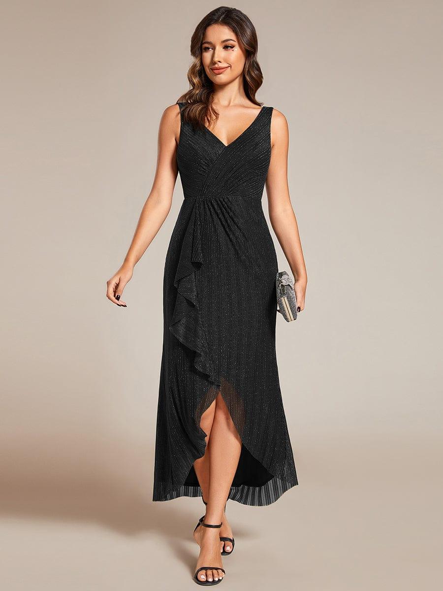 High-Low Ruffle Mermaid Wedding Guest Dress with V-Neck #color_Black