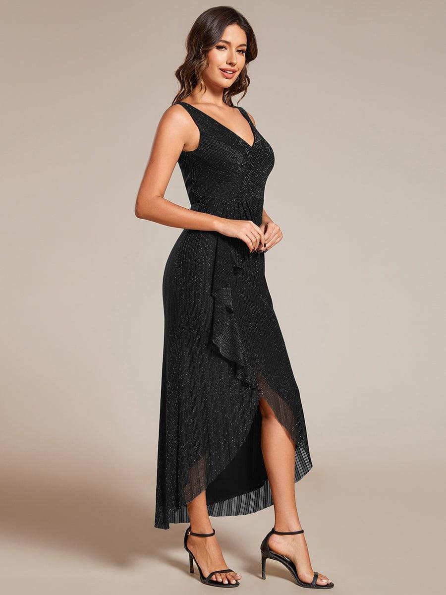High-Low Ruffle Mermaid Wedding Guest Dress with V-Neck #color_Black