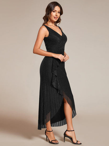 High-Low Ruffle Mermaid Wedding Guest Dress with V-Neck #color_Black