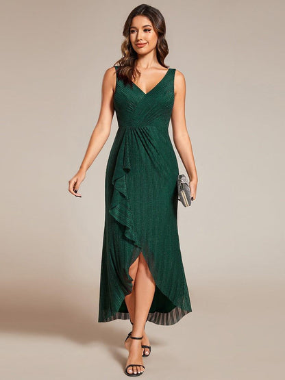 High-Low Ruffle Mermaid Wedding Guest Dress with V-Neck #color_Dark Green
