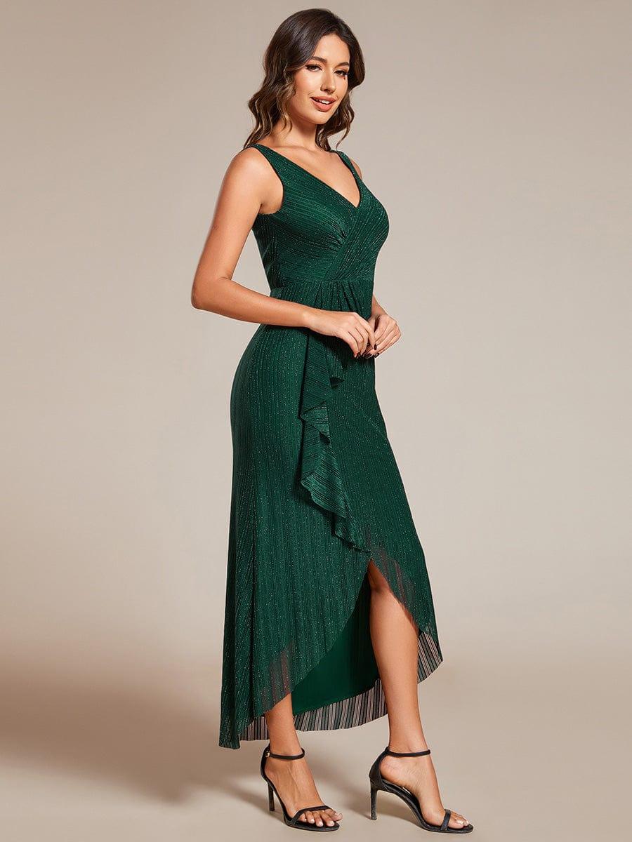 High-Low Ruffle Mermaid Wedding Guest Dress with V-Neck #color_Dark Green