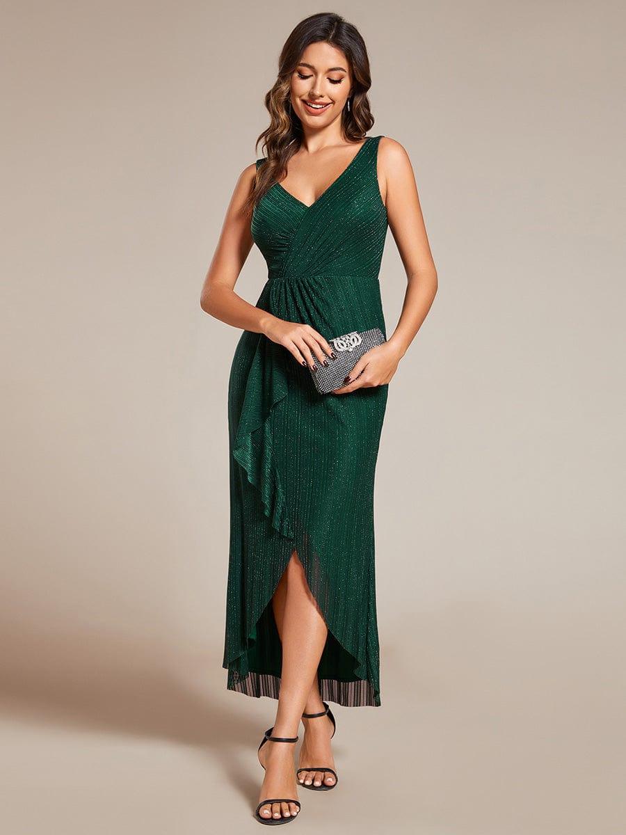 High-Low Ruffle Mermaid Wedding Guest Dress with V-Neck #color_Dark Green
