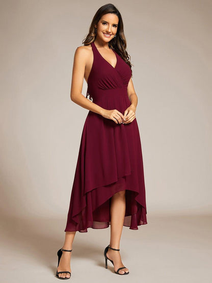 Lace-up Halterneck Backless High Low Wedding Guest Dress in Chiffon #color_Burgundy