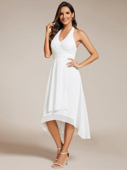 Lace-up Halterneck Backless High Low Wedding Guest Dress in Chiffon #color_White