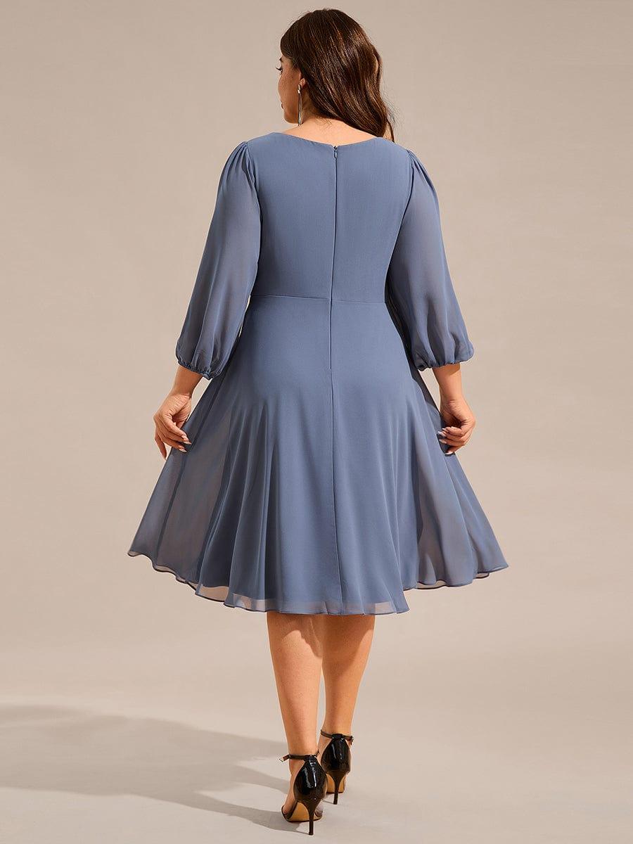 Pleated A-Line Long Sleeve Midi Chiffon Wedding Guest Dress #color_Dusty Blue