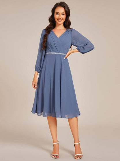 Pleated A-Line Long Sleeve Midi Chiffon Wedding Guest Dress #color_Dusty Blue
