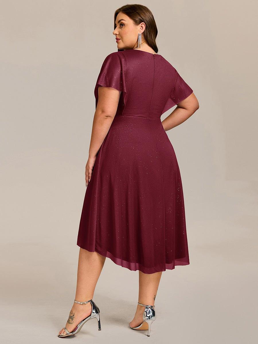 Plus Size Glitter Short Sleeve V-Neck Pleated Midi Wedding Guest Dress #color_Burgundy
