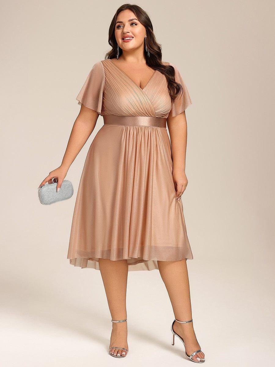 Plus Size Glitter Short Sleeve V-Neck Pleated Midi Wedding Guest Dress #color_Rose Gold