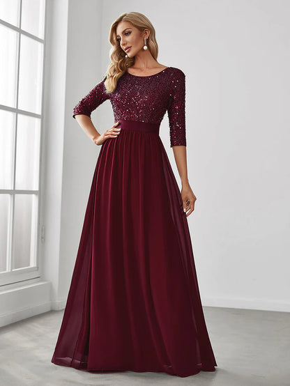 Elegant Round Neckline Long Sleeves Sequin Evening Dress Wholesale EE00685