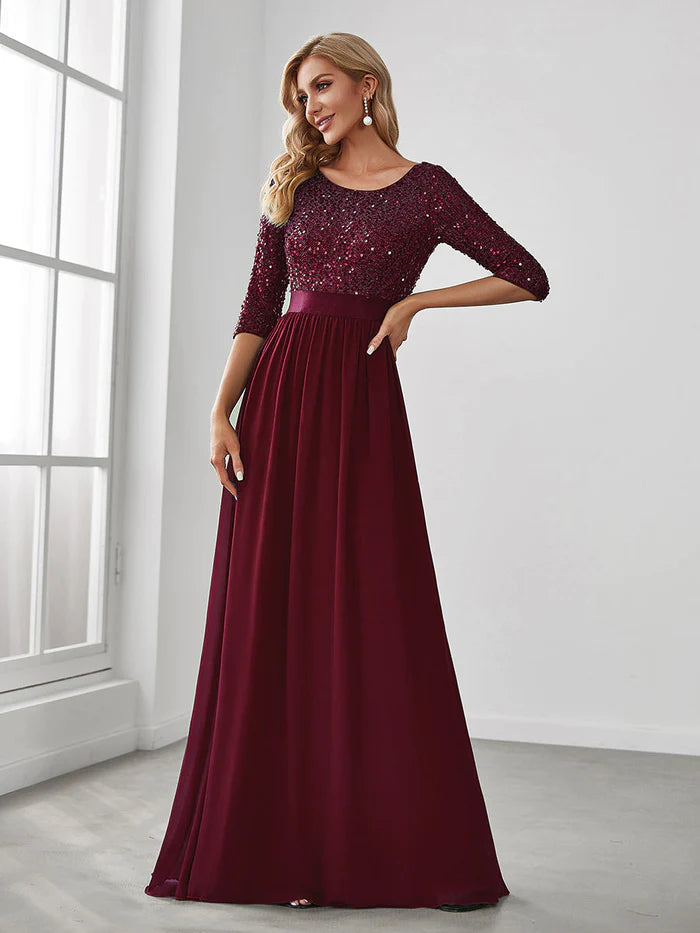 Elegant Round Neckline Long Sleeves Sequin Evening Dress Wholesale EE00685