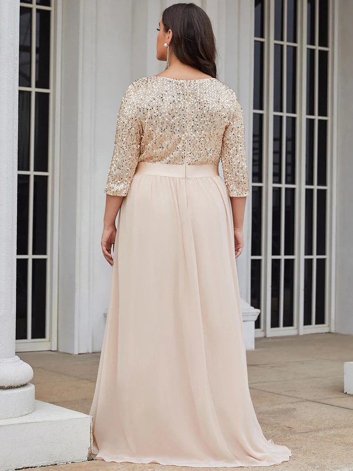 Elegant Round Neckline Long Sleeves Sequin Evening Dress