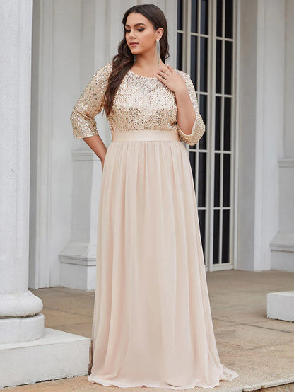 Elegant Round Neckline Long Sleeves Sequin Evening Dress