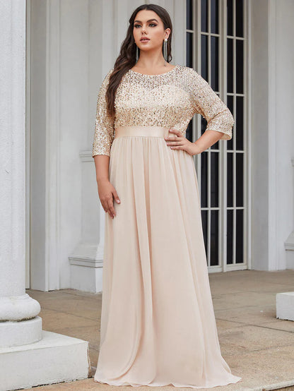 Elegant Round Neckline Long Sleeves Sequin Evening Dress