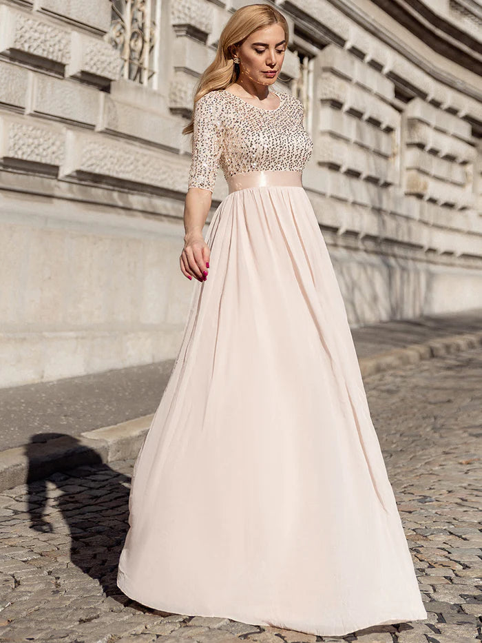 Elegant Round Neckline Long Sleeves Sequin Evening Dress Wholesale EE00685