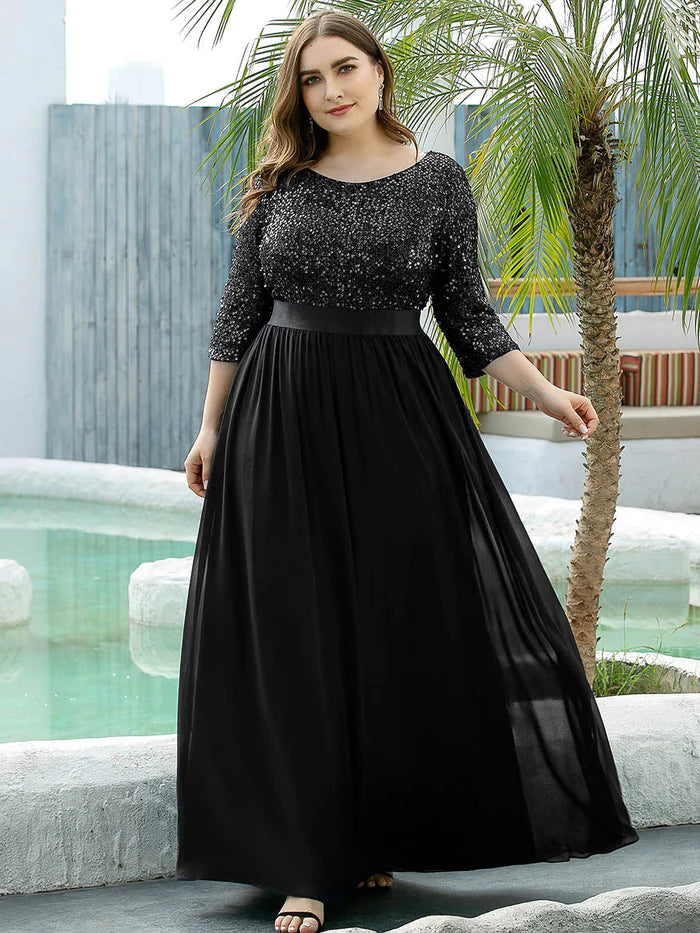 Elegant Round Neckline Long Sleeves Sequin Evening Dress