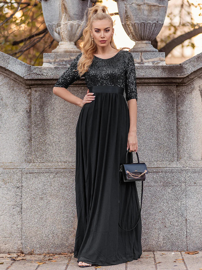 Elegant Round Neckline Long Sleeves Sequin Evening Dress