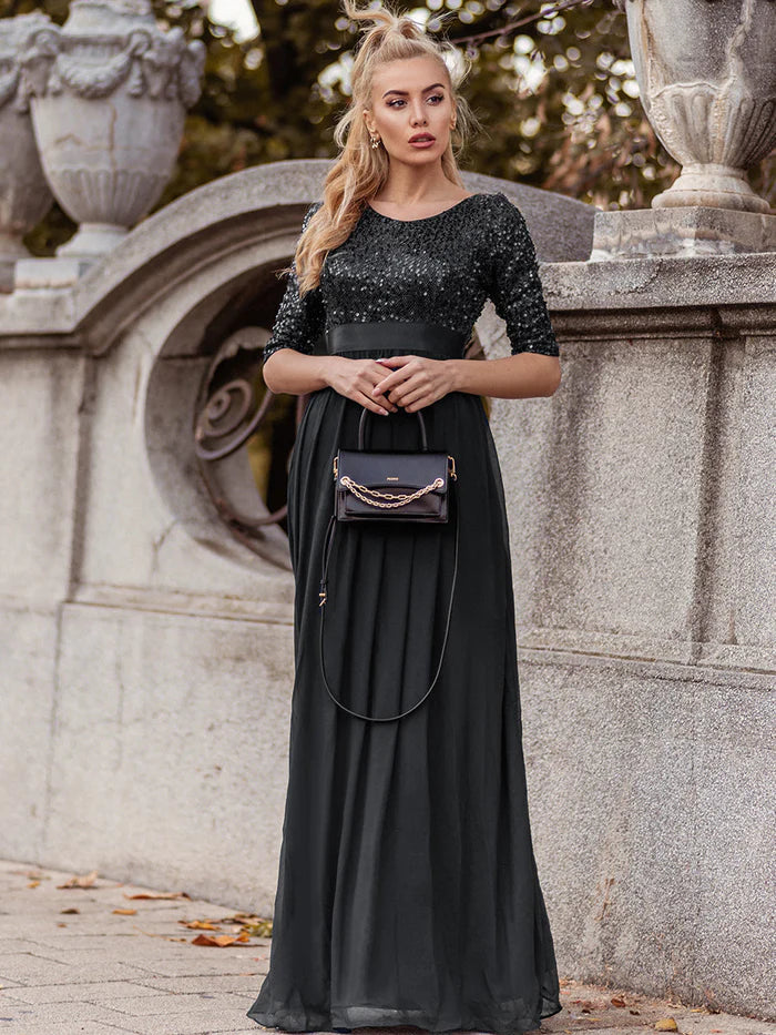 Elegant Round Neckline Long Sleeves Sequin Evening Dress