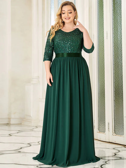 Elegant Round Neckline Long Sleeves Sequin Evening Dress