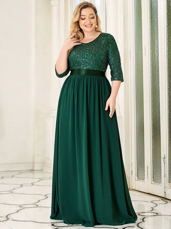 Elegant Round Neckline Long Sleeves Sequin Evening Dress