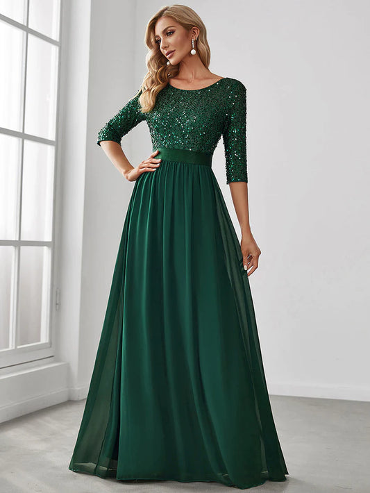 Elegant Round Neckline Long Sleeves Sequin Evening Dress Wholesale EE00685