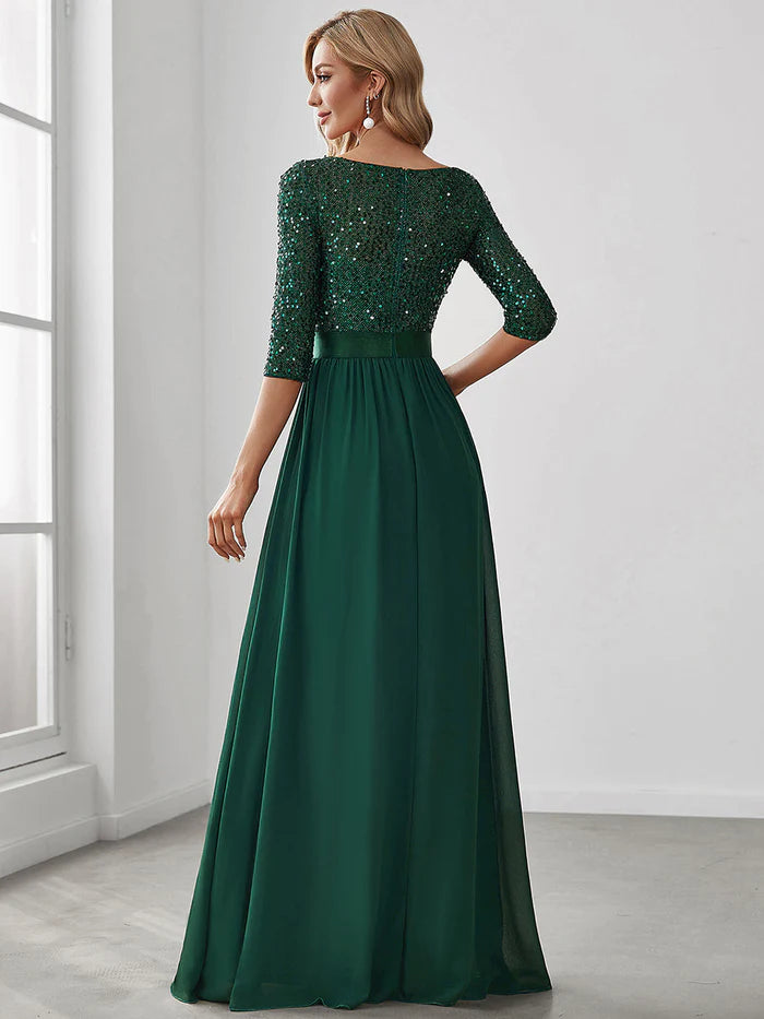 Elegant Round Neckline Long Sleeves Sequin Evening Dress Wholesale EE00685