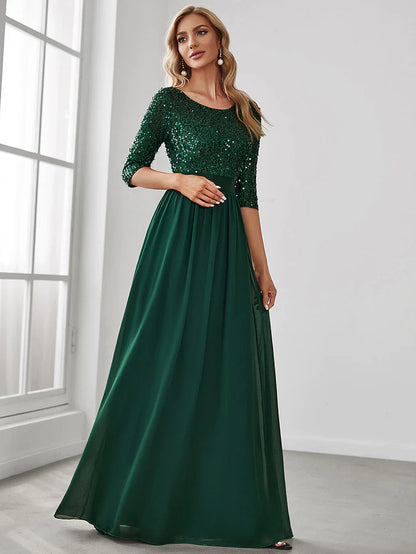 Elegant Round Neckline Long Sleeves Sequin Evening Dress Wholesale EE00685