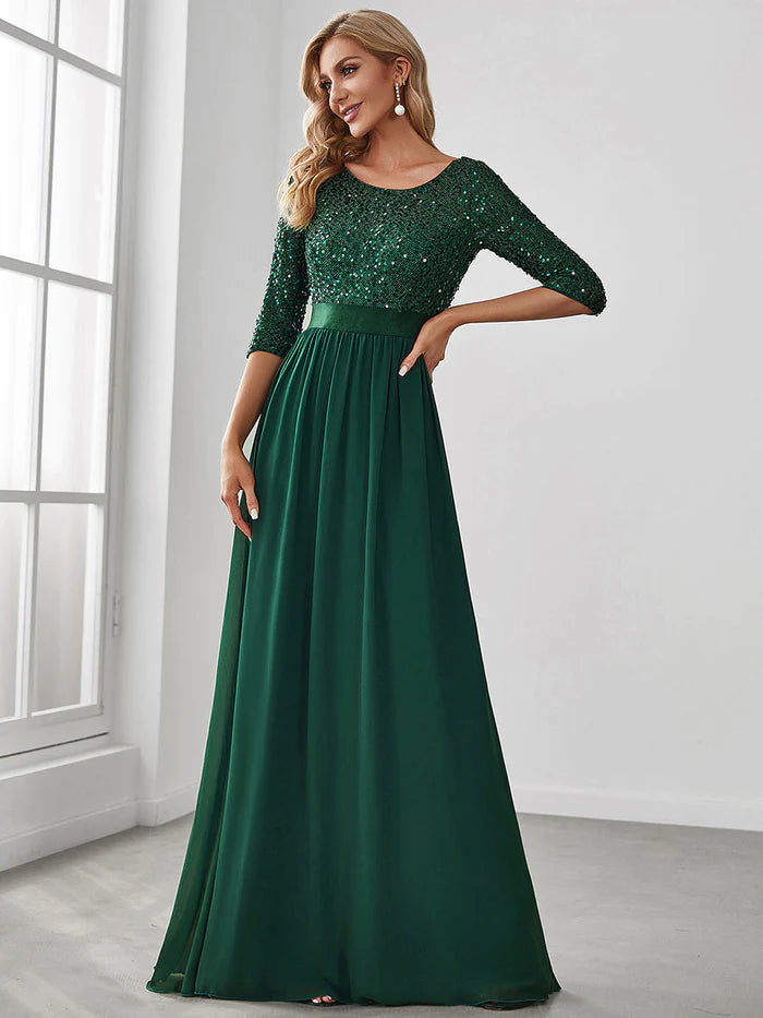 Elegant Round Neckline Long Sleeves Sequin Evening Dress Wholesale EE00685