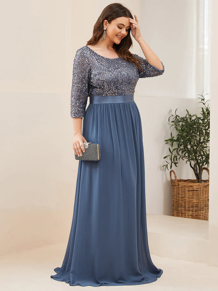 Elegant Round Neckline Long Sleeves Sequin Evening Dress