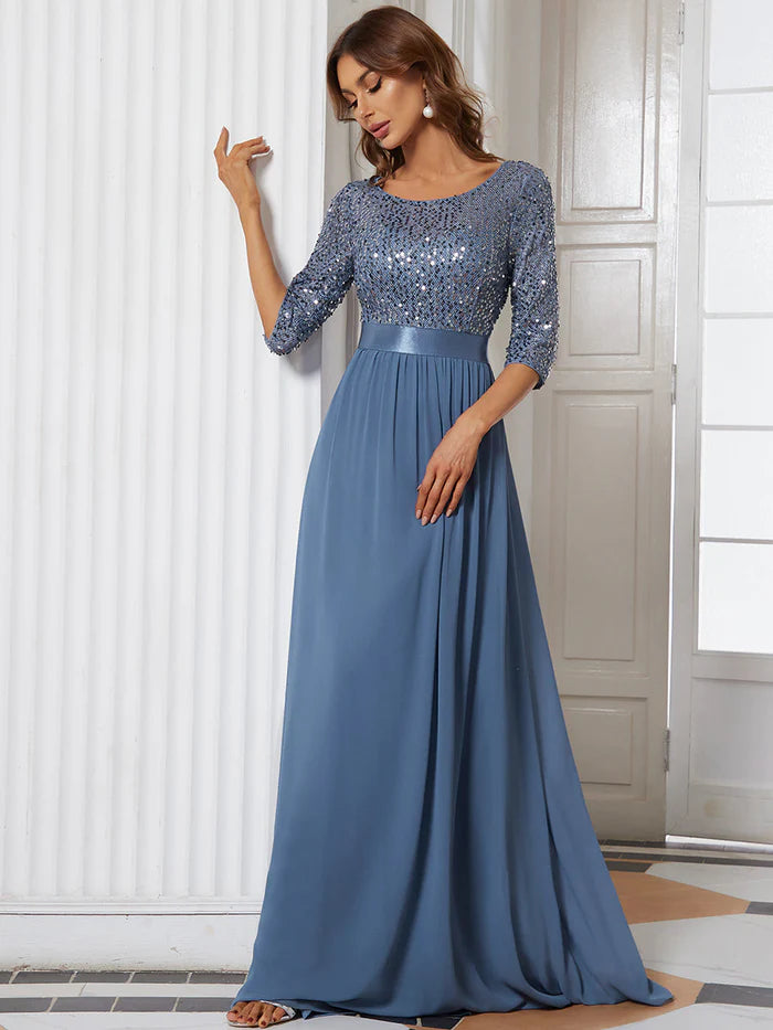 Elegant Round Neckline Long Sleeves Sequin Evening Dress Wholesale EE00685