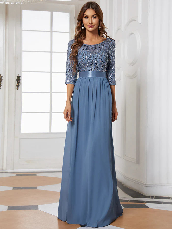 Elegant Round Neckline Long Sleeves Sequin Evening Dress Wholesale EE00685