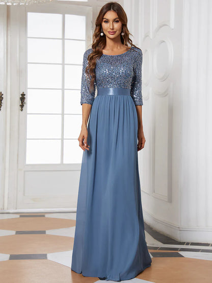 Elegant Round Neckline Long Sleeves Sequin Evening Dress