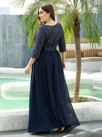 Elegant Round Neckline Long Sleeves Sequin Evening Dress