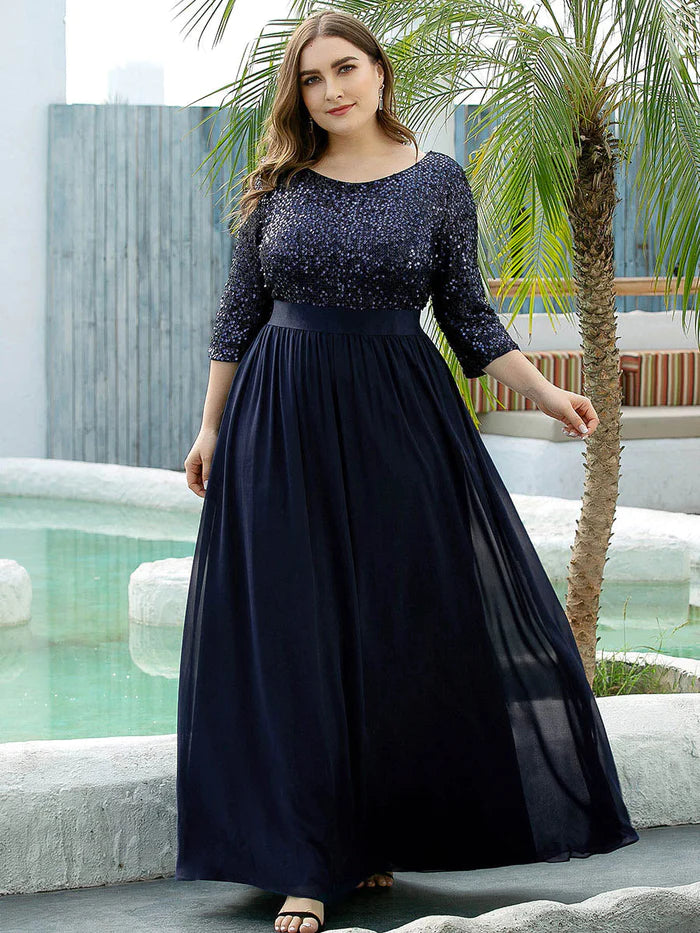 Elegant Round Neckline Long Sleeves Sequin Evening Dress