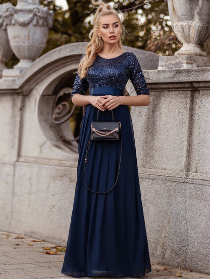 Elegant Round Neckline Long Sleeves Sequin Evening Dress