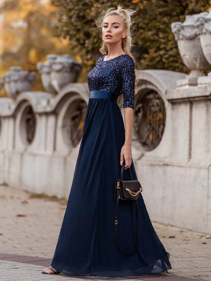 Elegant Round Neckline Long Sleeves Sequin Evening Dress Wholesale EE00685