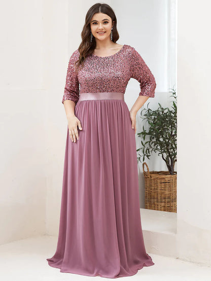 Elegant Round Neckline Long Sleeves Sequin Evening Dress