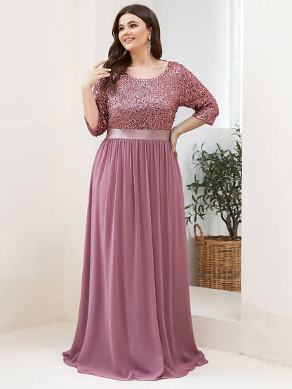 Elegant Round Neckline Long Sleeves Sequin Evening Dress