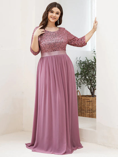 Elegant Round Neckline Long Sleeves Sequin Evening Dress