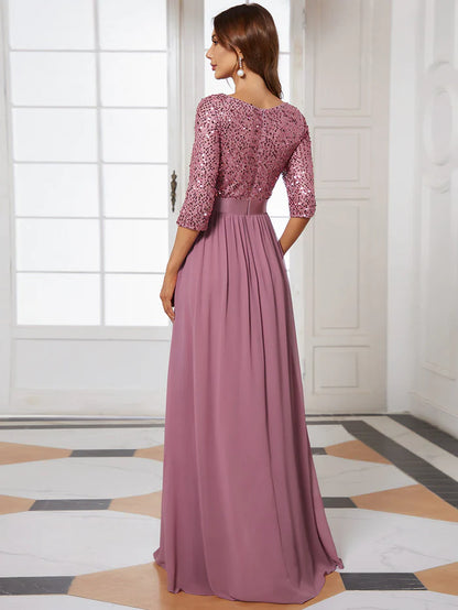 Elegant Round Neckline Long Sleeves Sequin Evening Dress Wholesale EE00685