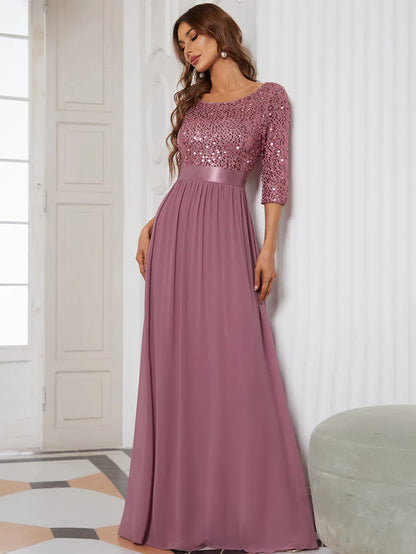 Elegant Round Neckline Long Sleeves Sequin Evening Dress