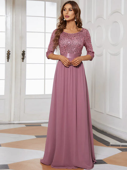 Elegant Round Neckline Long Sleeves Sequin Evening Dress